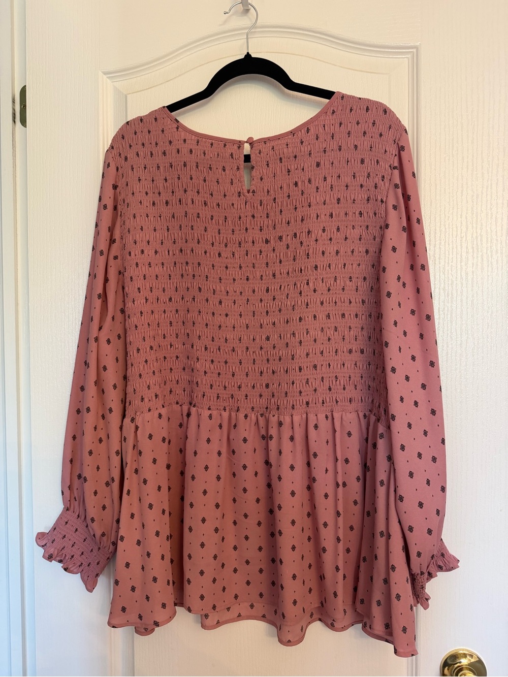 Penningtons Mauve Pink Smocked Peplum Top with Black Print